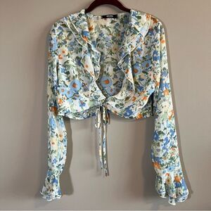 ✨ Miss Lola Women’s Blue Green Floral Front Tie Top Medium